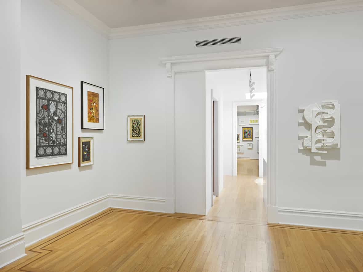 Installation of Wyatt Kahn's prints and works on paper, featuring Construction after Konstruktion and New Houston Street (Paper Pulp). Image courtesy of Rodder Gallery.